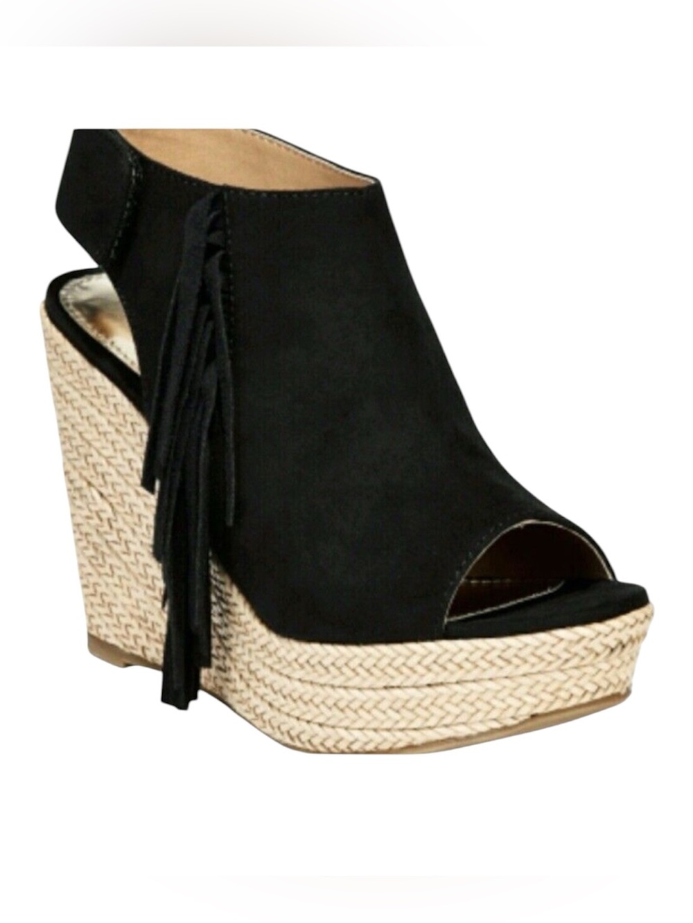 Report Boho Black Platform Sandals Womens 9 Espadrilles Faux Suede Fringe Sides